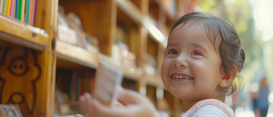 Canvas Print - A young girl smiles brightly while looking at something off-camera. AI.