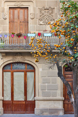 Tossa de Mar picturesque colorful balcony and building facade. Girona