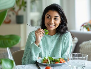 Wall Mural - Woman enjoying a healthy meal. AI.