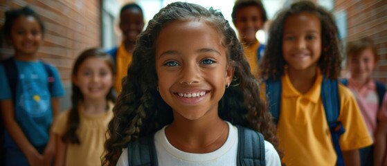 Poster - A young girl smiles brightly for the camera while standing with her classmates. AI.