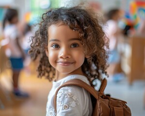 Canvas Print - A young girl with curly hair smiles for the camera. AI.