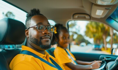 Wall Mural - A man and a young girl are sitting in the front seats of a car. AI.