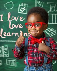 Sticker - A young boy with a thumbs up in front of a chalkboard. AI.