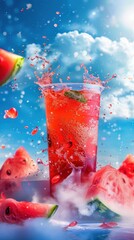 Wall Mural - A refreshing watermelon drink with a splash of water. AI.