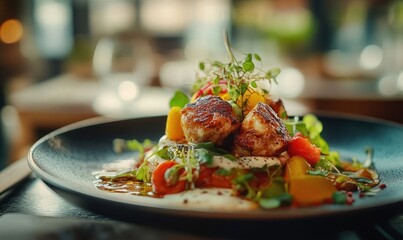 Close-up of a gourmet dish with grilled meat, vegetables, and a creamy sauce on a black plate.