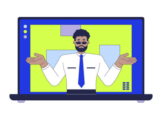 Poster - African american office manager laptop screen 2D cartoon object. Corporate boss hosting online meeting notebook device isolated element flat vector clipart on white background. Spot illustration