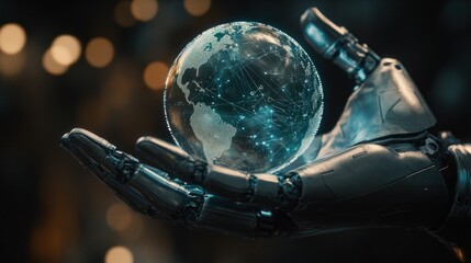 Poster - A robotic hand holds a glowing globe, symbolizing technology's connection to the world.