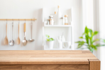 Wall Mural - blurred background of rustic kitchen wall interior with wooden table for product display in front
