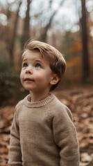 Poster - Cute Boy Looking Up in Autumn Forest