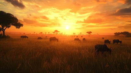 98. A savanna sunset, with silhouettes of grazing animals and tall grass glowing in the warm light