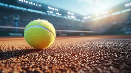 Tennis stadium with ball flying towards camera, intense match, 3D illustration