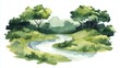 © Kristina - A set of watercolor of a serene river winding through a lush forest, capturing the tranquility of nature, Clipart isolated minimal with white background