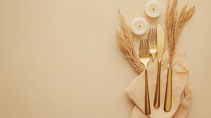 Elegant Table Setting with Gold Cutlery and Candles