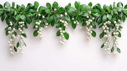 Christmas background with mistletoe. Traditional Xmas plant floral design with copy space. Flower frame Noel card.