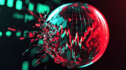 Poster - Fractured Market Sphere: A glowing, transparent sphere filled with stock market graphs and data cracks open, with beams of red and green light escaping