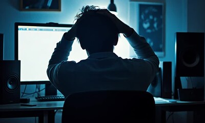 Man Sitting at Computer Desk with a Frustrated Expression