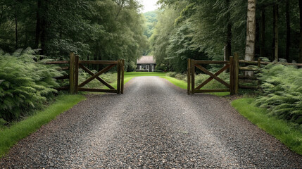 Wall Mural - Gravel driveway leading to a rustic wooden gate and a distant house surrounded by lush green trees and ferns in a forest setting.