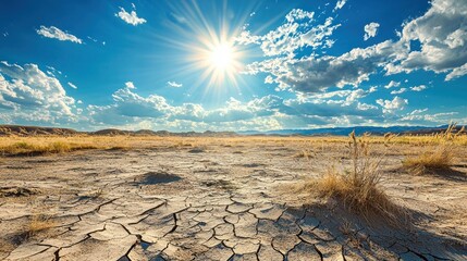 a parched desert landscape with cracked soil under a blazing sun.