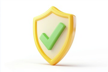 Fototapete - cartoon 3d Icon safety shield green check mark perspective . yellow symbol security safety icon. Green Checkmark in minimalistic style. 3d vector illustration. white background