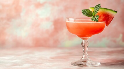 Wall Mural - watermelon cocktail in a glass with a pink background.
