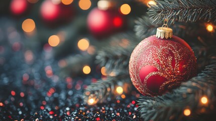 A close-up shot of a glittery red Christmas ornament hanging on a pine tree branch, surrounded by warm holiday lights and soft bokeh.