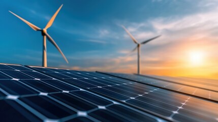 Solar Panels and Wind Turbines at Sunset