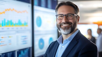 Smiling Businessman in Front of Financial Data Screens