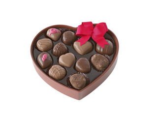 Wall Mural - Heart-shaped box filled with assorted chocolates, decorated with a red bow, white background.   PNG transparent.