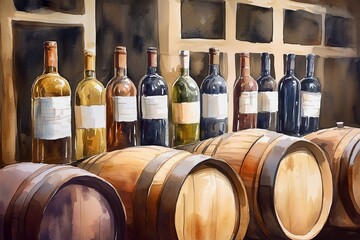 Cozy Wine Cellar: Watercolor Illustration of Wooden Barrels and Bottles in Warm Hues 