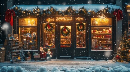 Cozy winter storefront decorated for Christmas in a snowy village 