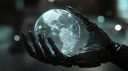 Poster - A robotic hand holds a glowing globe, symbolizing technology and global connectivity.