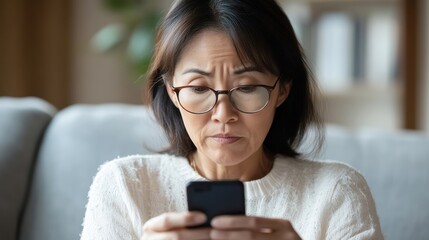 Closeup of a woman looking at her phone with a concerned expression.