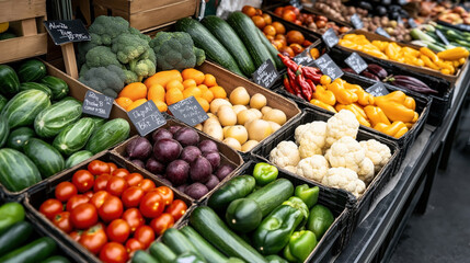 Wall Mural - Colorful display of fresh fruits and vegetables at a market stall including broccoli, oranges, potatoes, cucumbers, tomatoes, plums, cauliflower, and bell peppers in crates.