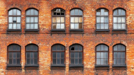 A brick building facade featuring multiple arched windows with varying degrees of visibility.