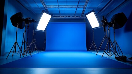 A professional photography studio with blue backdrop and lighting equipment.