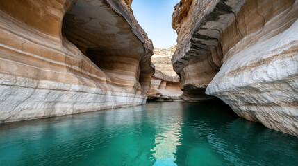 Canvas Print - A scenic view of a narrow canyon with layered rock formations and turquoise water reflecting the geological patterns, under a clear sky.