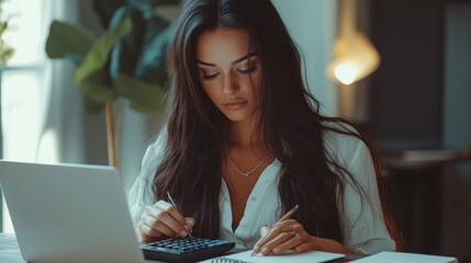 Poster - A woman working on calculations with a laptop and notes in a cozy, well-lit environment.