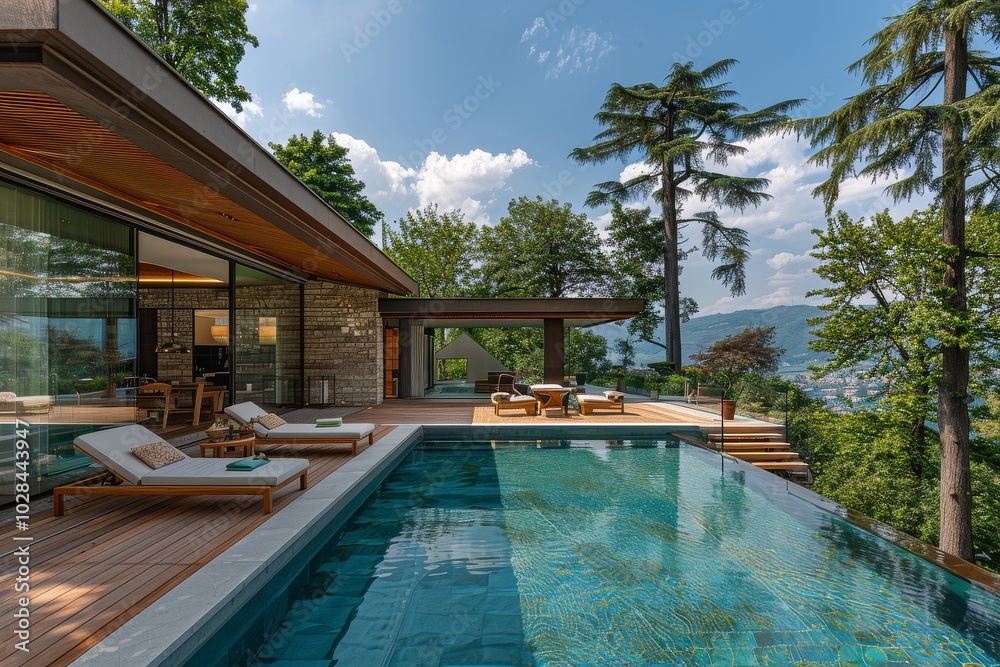 Stunning modern villa with a swimming pool and wooden terrace, nestled ...