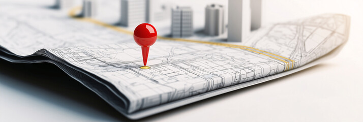 Wall Mural - red pin is marking a specific location on a 3d city map with buildings and a river
