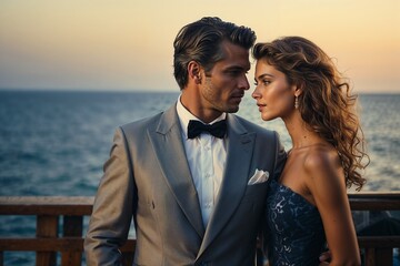 Couple in elegant evening attire gazing into each other’s eyes, romantic sunset by the sea