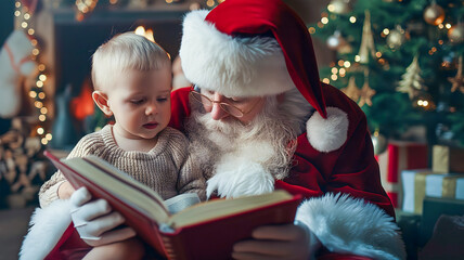 Santa Claus reads with the children an interesting children's fairy tale in a book while sitting in a cozy armchair in the living room near the Christmas tree. The concept of Christmas and New Year