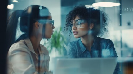 Two Diverse Multiethnic Female Have a Discussion in Meeting Room Behind Glass Walls in an Agency. Creative Director and Project Manager Compare Business Results on Laptop and App Designs in an Office