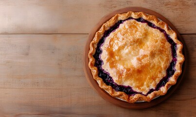 Wall Mural - Blueberry pie placed on a wooden surface with a brown plate, Generative AI 