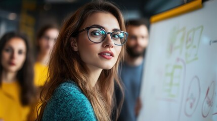 Young smart lady in glasses is reporting to the team of colleagues about the new project at the meeting with the white board. Workers are listening to her, all dressed in casual outfits