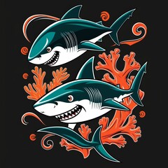 Wall Mural - shark with corals on a black background