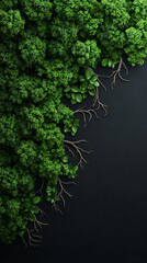 Wall Mural - Lush green foliage with exposed roots cascading down a dark background.