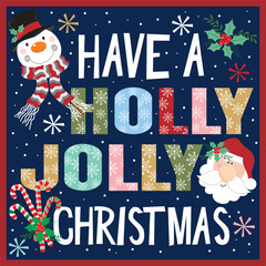 Wall Mural - Christmas card design with snowman, Santa and holly jolly Christmas