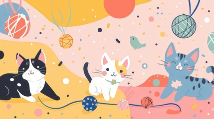 Poster - Three adorable cats are having fun with colorful yarn balls and playful toys in a bright and lively indoor environment. Generative AI