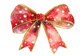 a festive Christmas bow clipart, glitter polka dots, watercolor illustration, red and gold, isolated on white background