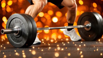 a focused athlete lifts a heavy barbell, showcasing strength and determination against a sparkling, 
